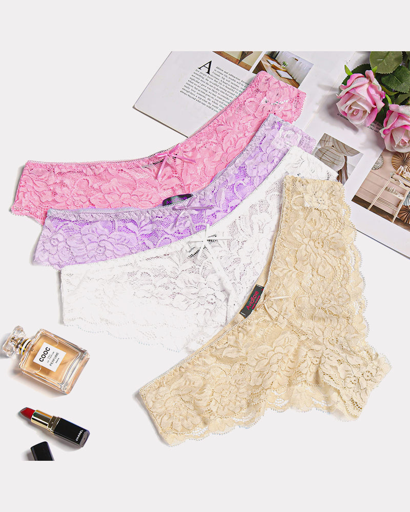 Floral lace hipster panties set, pink purple white and beige lace briefs with scalloped edges