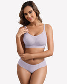 Lavender full-coverage wireless bra with smooth contoured cups and adjustable straps