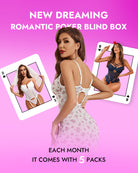 Romantic blind lingerie box graphic with models wearing lingerie in front-view poses