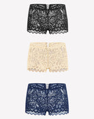 Set of lace boxer briefs in black, wheat, and navy blue with scalloped hems