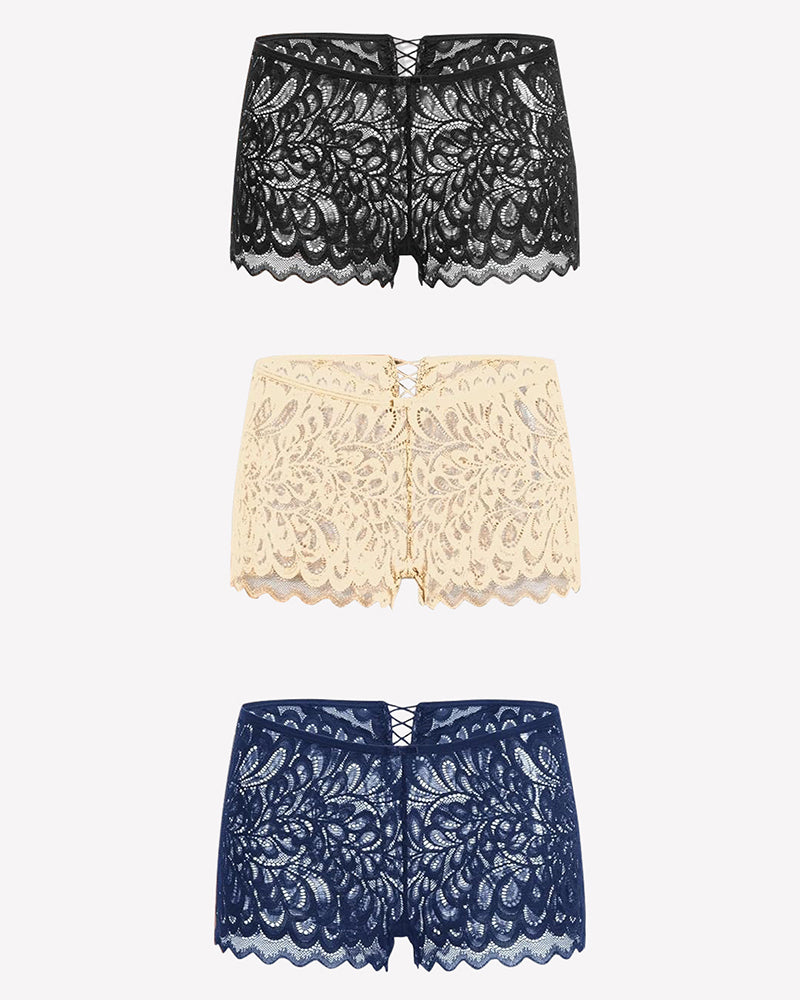Set of lace boxer briefs in black, wheat, and navy blue with scalloped hems