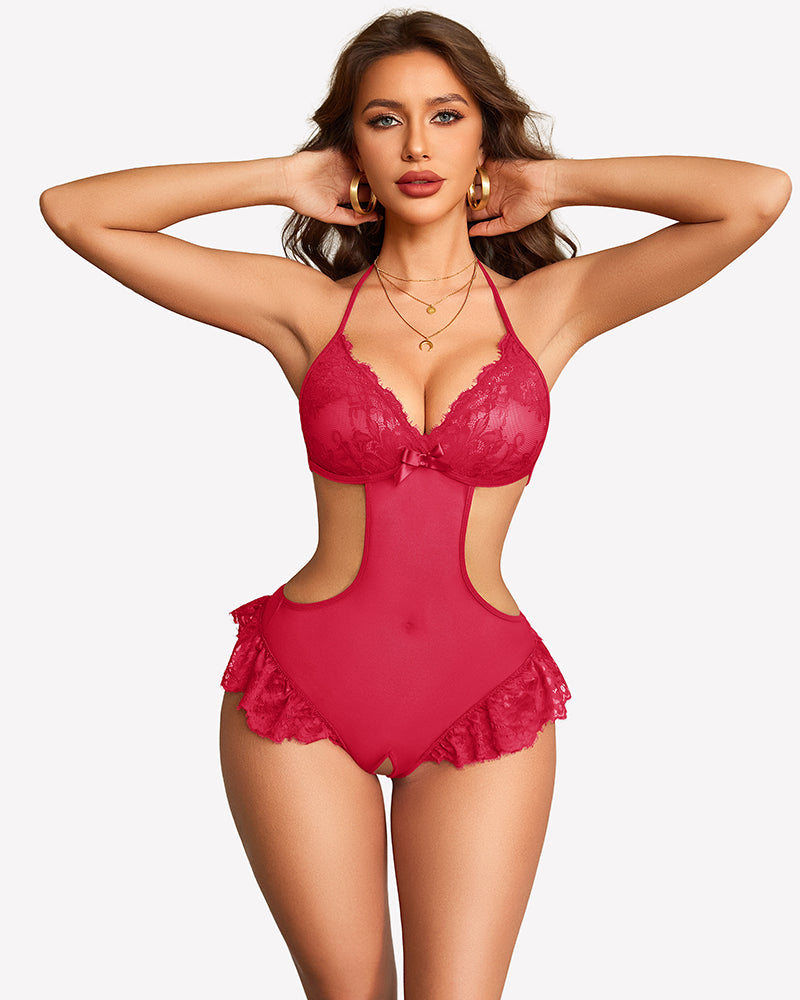 Hot pink sheer lace bodysuit with ruffled trim and cut-out sides, garter straps