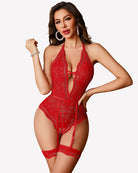 Red lace deep V teddy bodysuit with cutout front and garter straps