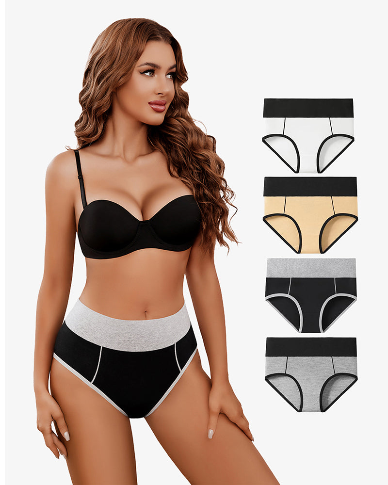 High-waist cotton hipster briefs multipack, black and gray with beige and red accents