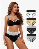 High-waist cotton hipster briefs multipack, black and gray with beige and red accents