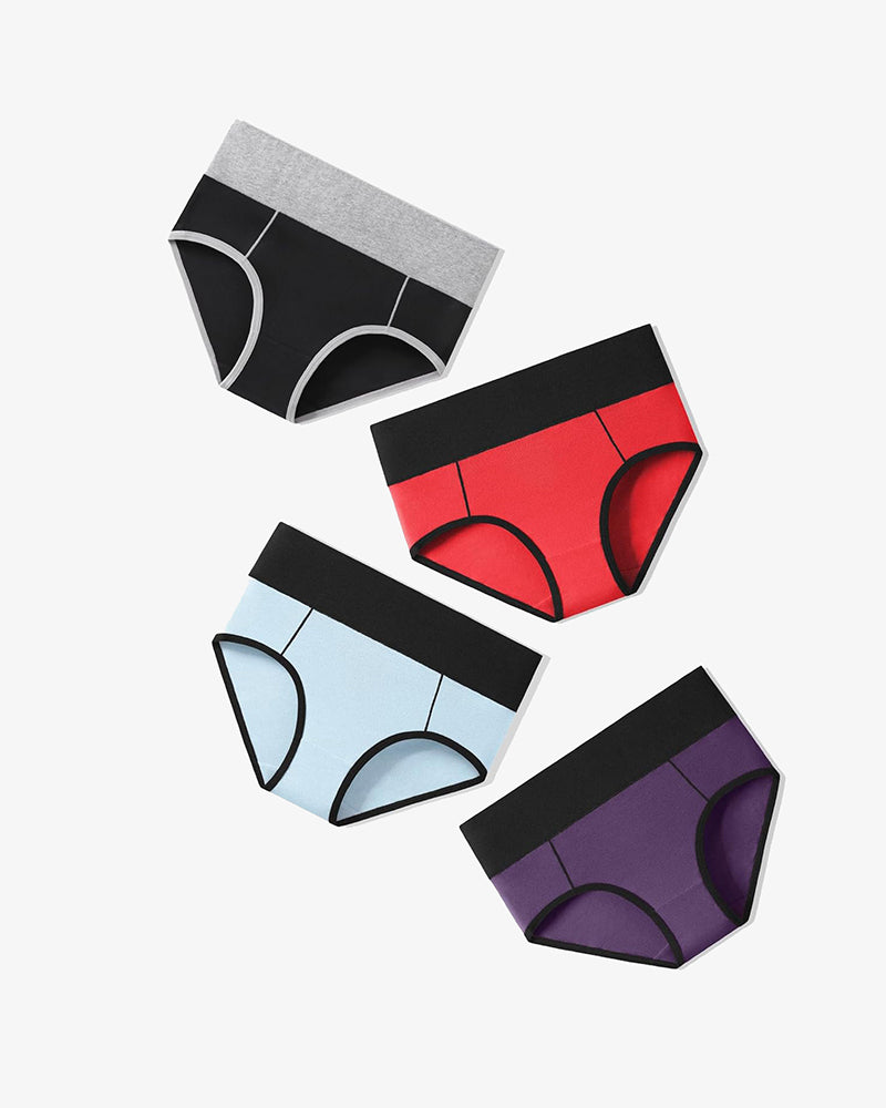Cotton hipster brief multipack, heather gray, red, light blue, and purple with black trim