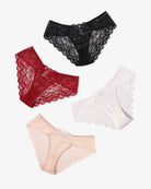 Lace hipster panties assortment in black, red, white, and pale pink