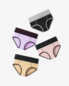 Cotton hipster brief multipack, heather gray, lilac, blush pink, and tan with black trim