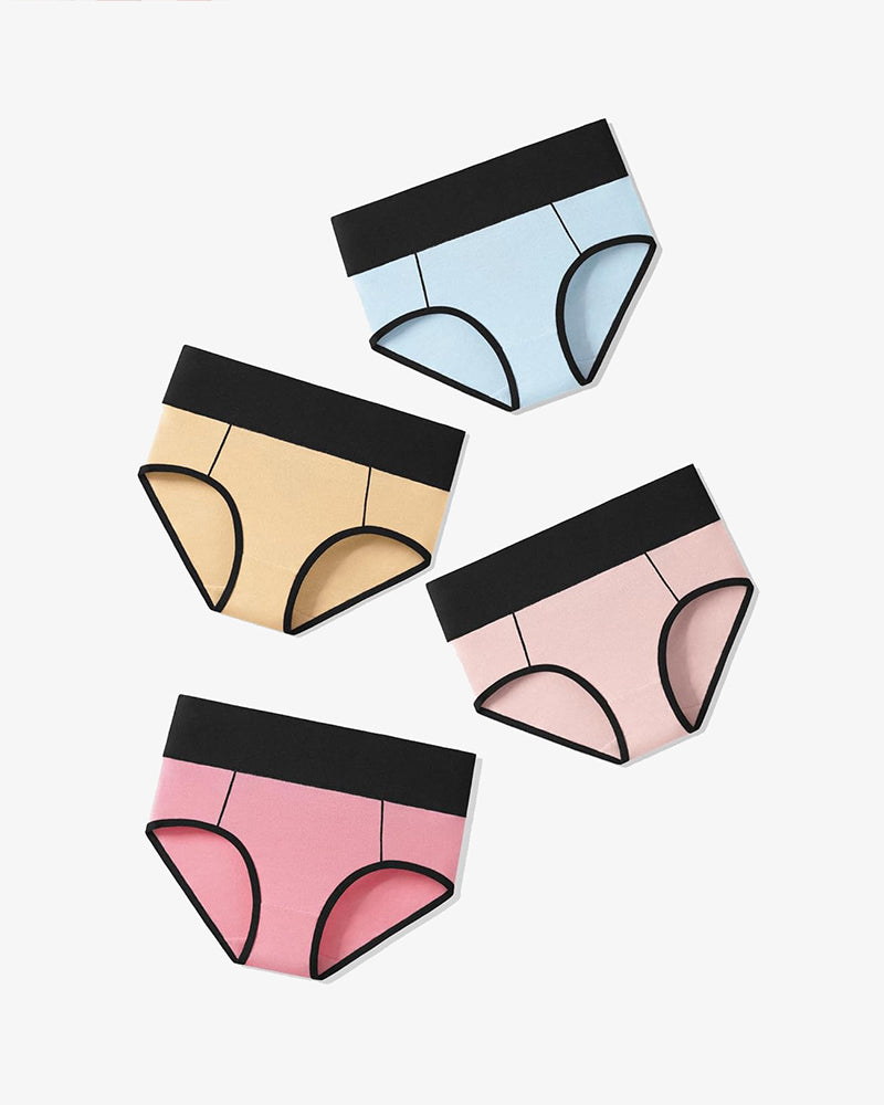 Cotton hipster brief multipack, light blue, tan, blush pink, and pink with black trim