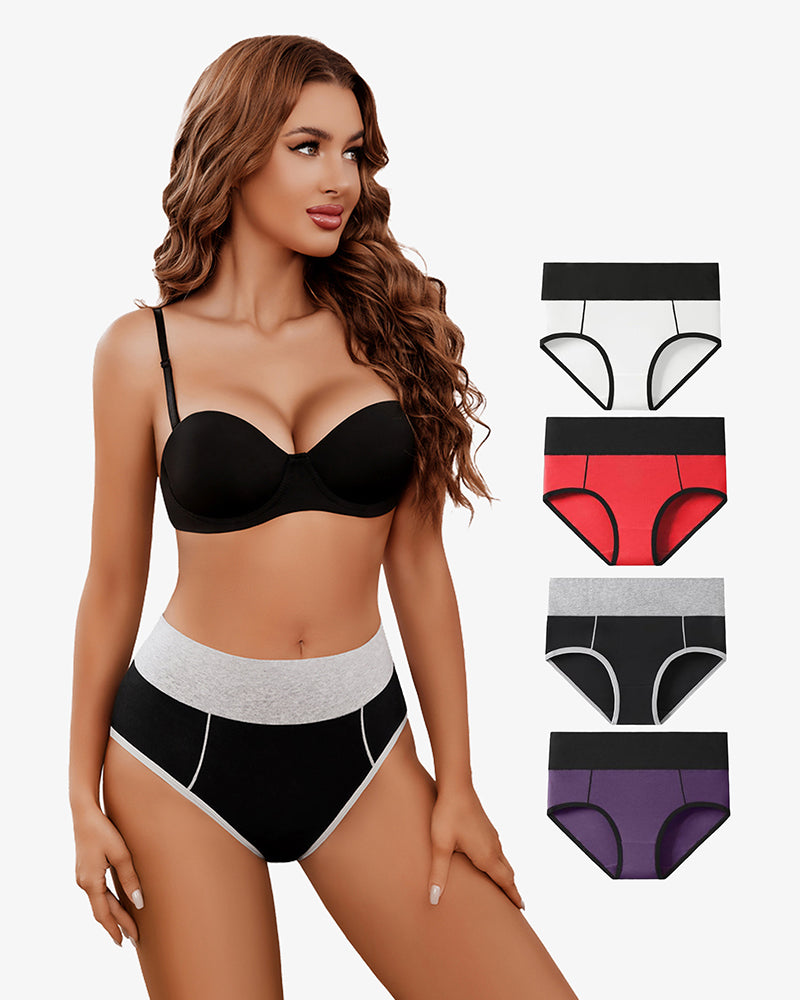 High-waist cotton hipster briefs multipack, black and gray with red and purple accents