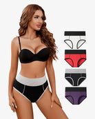 High-waist cotton hipster briefs multipack, black and gray with red and purple accents
