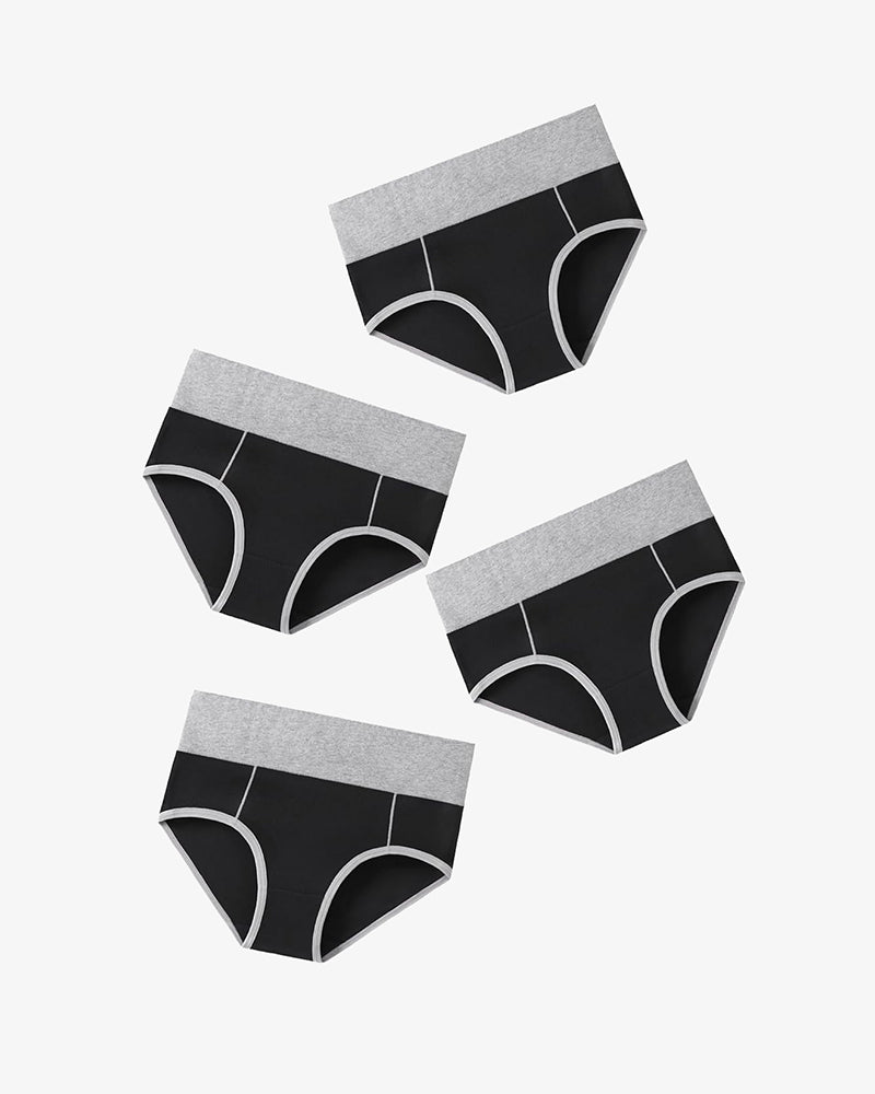 Cotton hipster brief multipack, black and heather gray with curved white outline trim