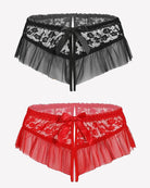 Lace tulle briefs in black and red, sheer ruffle legs with bow front