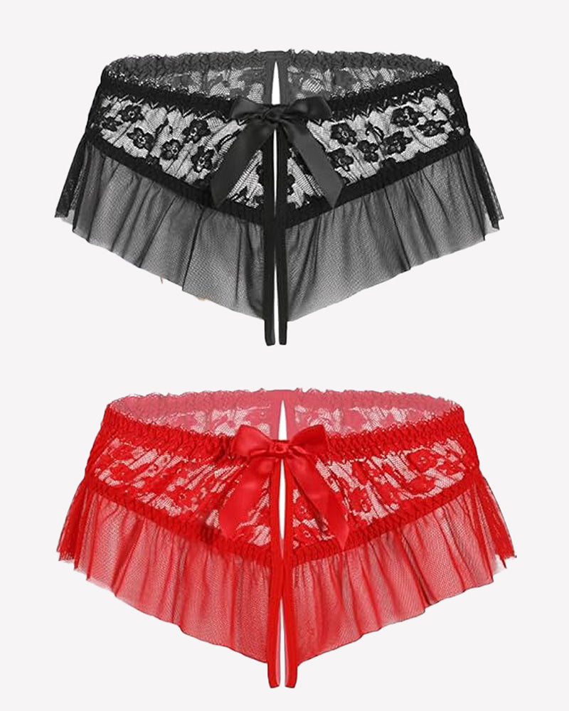 Lace tulle briefs in black and red, sheer ruffle legs with bow front