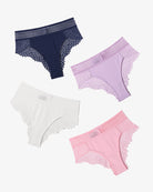 Lace hipster panties set in navy, lavender, white, and pink with striped waistbands.