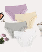 4-pack lace-trim panties with crisscross back; purple, cream, gray, white