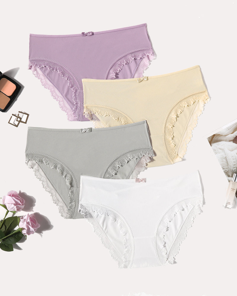 4-pack lace-trim panties with crisscross back; purple, cream, gray, white