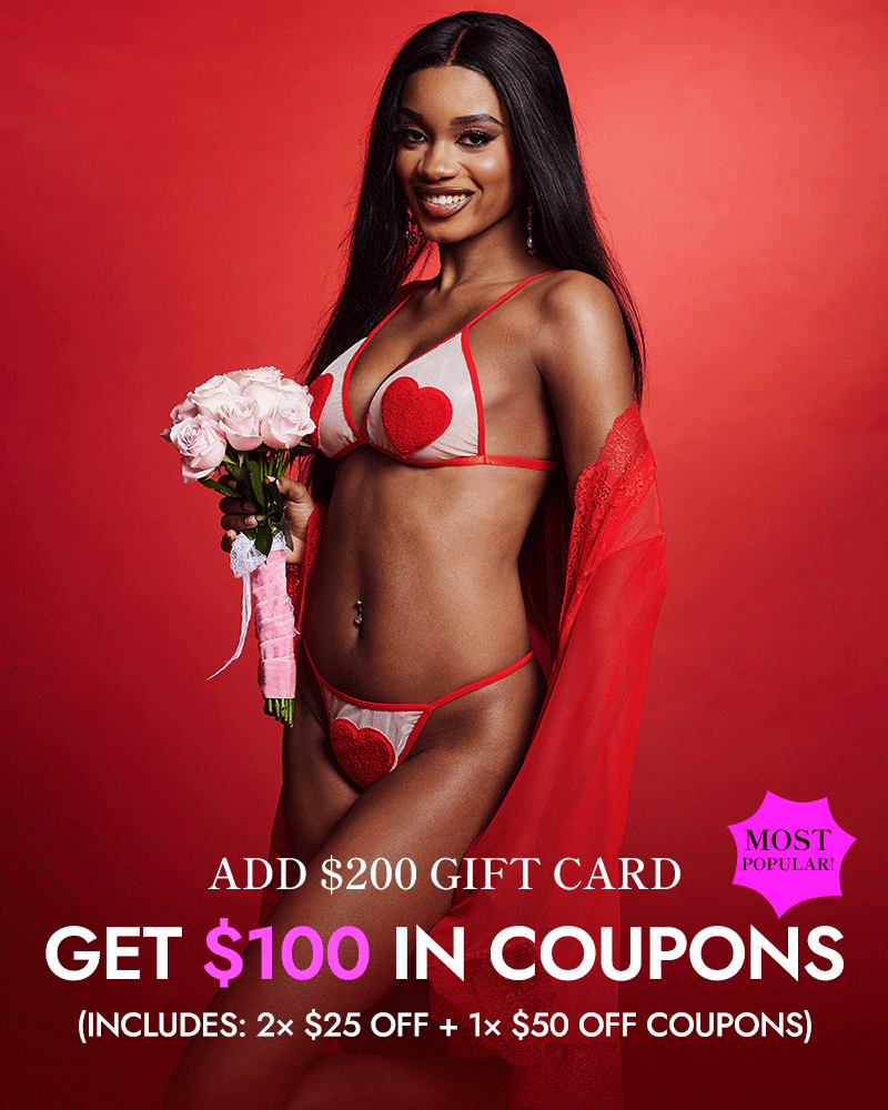 E-gift card promo: add $200 gift card, get $100 in coupons, red lingerie model holding flowers