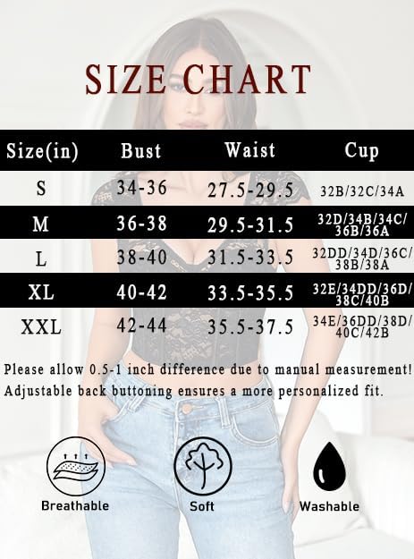 Size chart graphic for bustier crop top: bust, waist, cup measurements