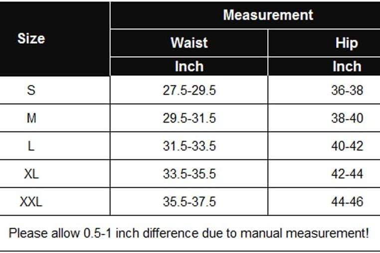 Size chart: waist 27.5-37.5 in and hip 36-46 in for S–XXL