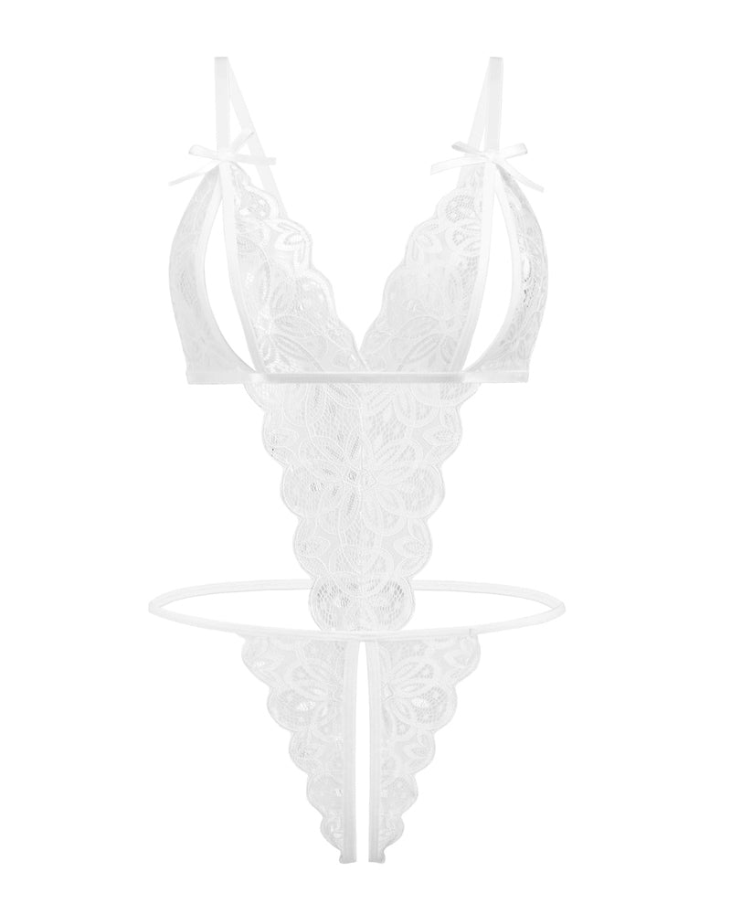 White lace deep V bodysuit with tie shoulder straps and thong bottom