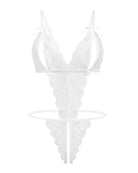 White lace deep V teddy bodysuit with bow-trim straps and thong back