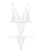 White lace deep V teddy bodysuit with long ribbon straps and scalloped lace edges