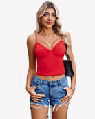 Women’s twist-front crop tank top with spaghetti straps, red color, V-neck twist front
