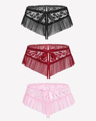 Floral lace ruffle briefs set in black, dark red, and pink with center bows.