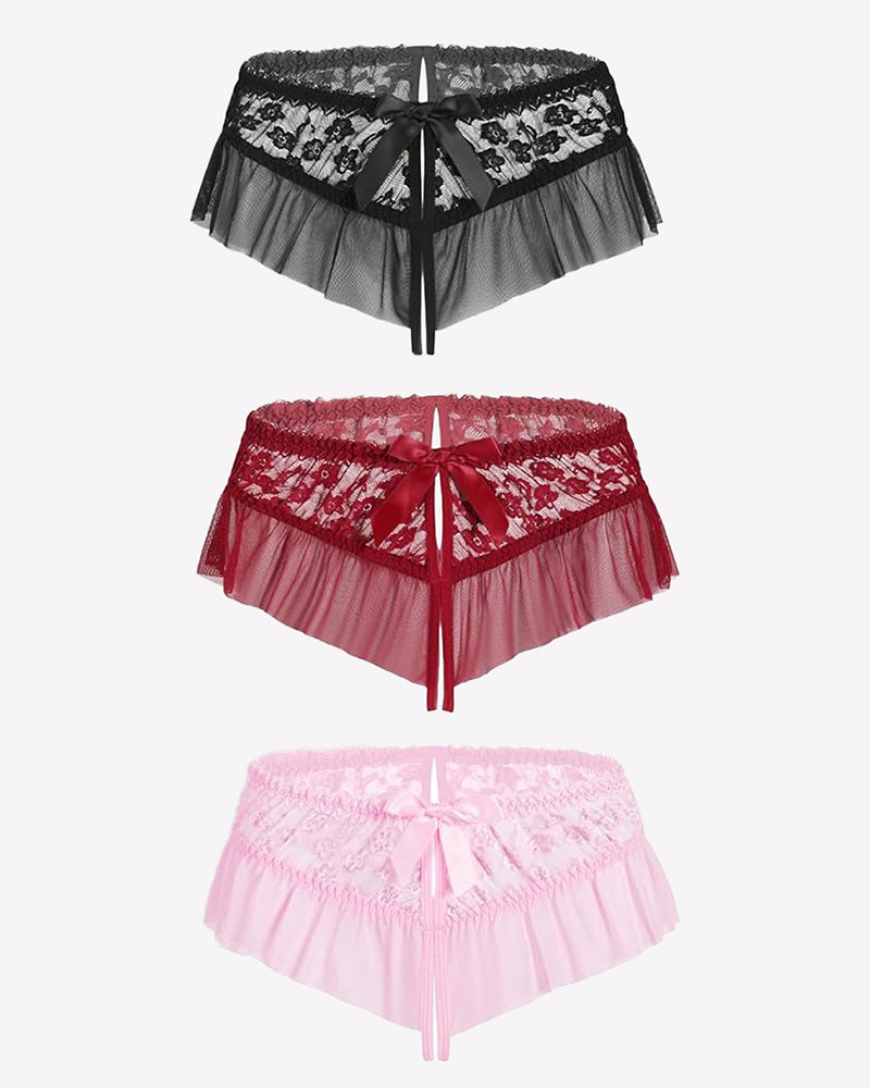 Floral lace ruffle briefs set in black, dark red, and pink with center bows.