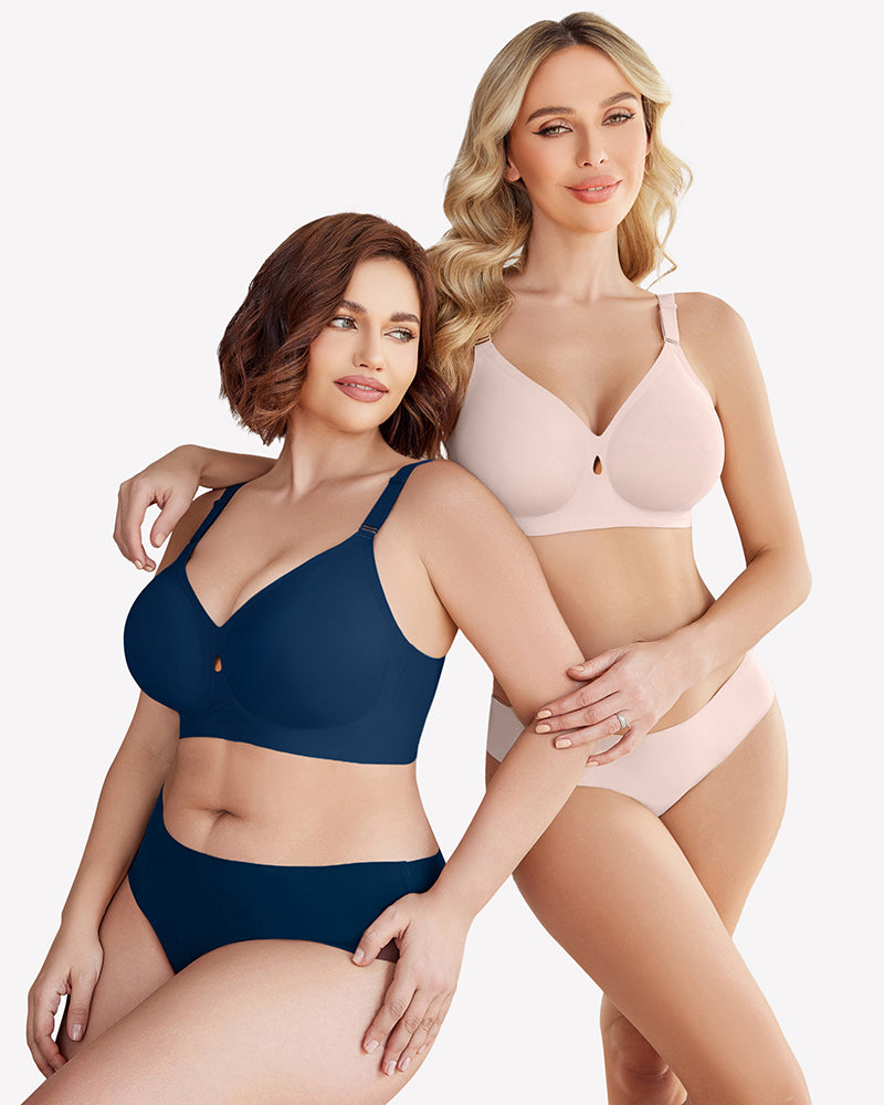 Navy and blush padded wireless bras, each with V neckline and adjustable straps