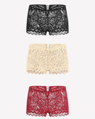 Set of lace boxer briefs in black, wheat, and dark red with scalloped hems