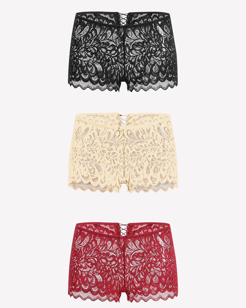 Set of lace boxer briefs in black, wheat, and dark red with scalloped hems