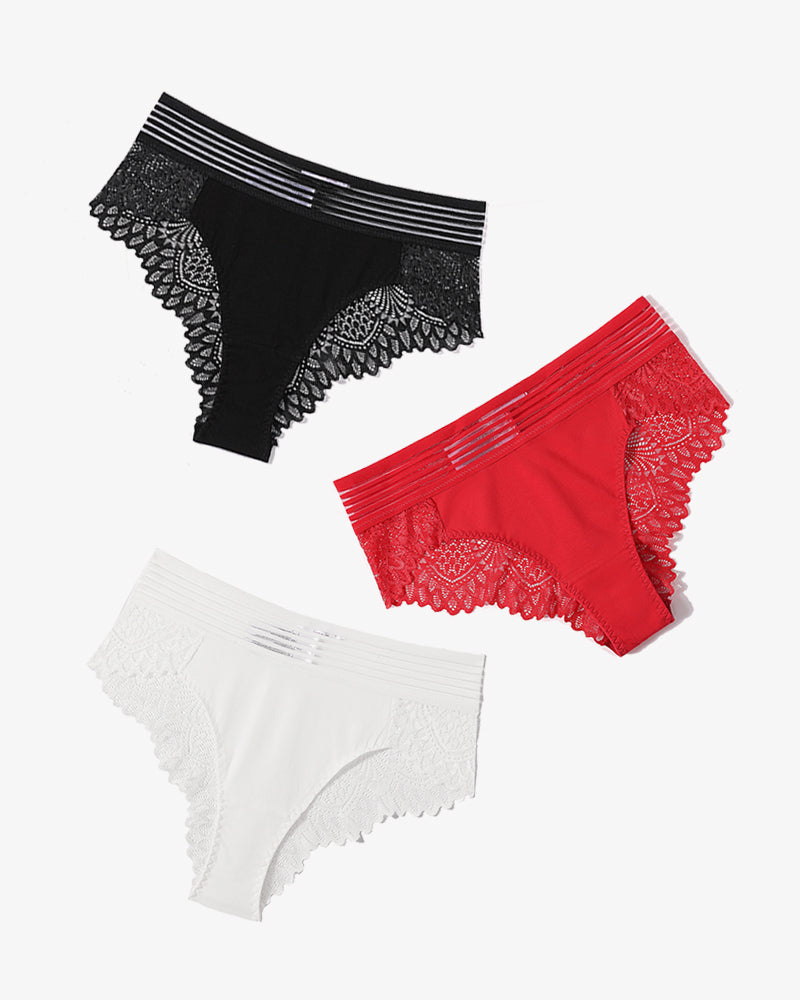 Lace hipster panties set in black, red, and white with striped waistband trim.