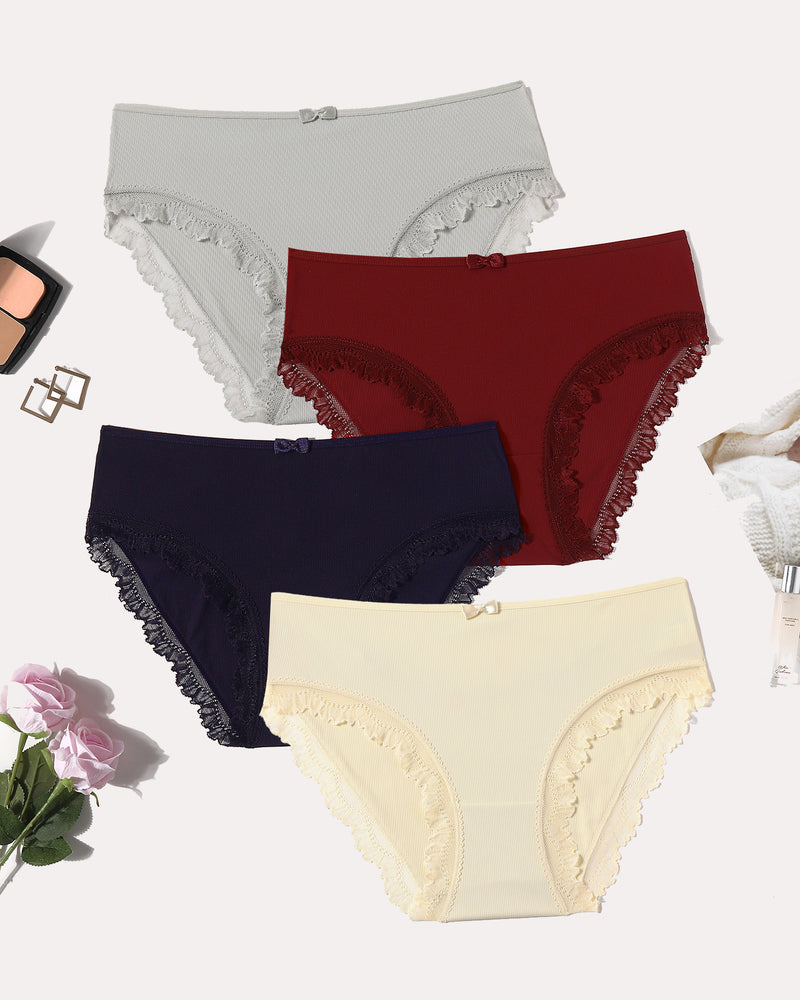 4-pack lace-trim panties with crisscross back; light gray, red, navy, cream