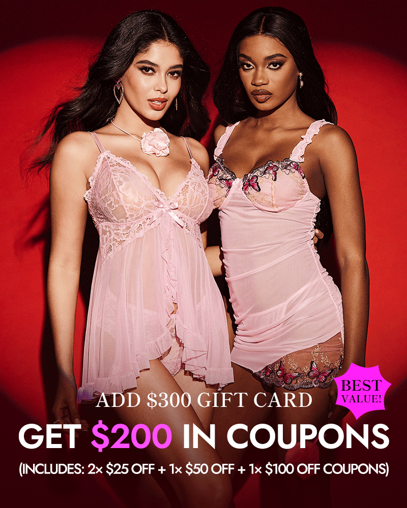 E-gift card promo: add $300 gift card, get $200 in coupons, two lingerie models