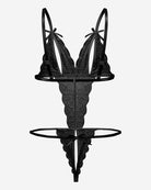 Black lace deep V teddy bodysuit with bow-trim cups and thong back