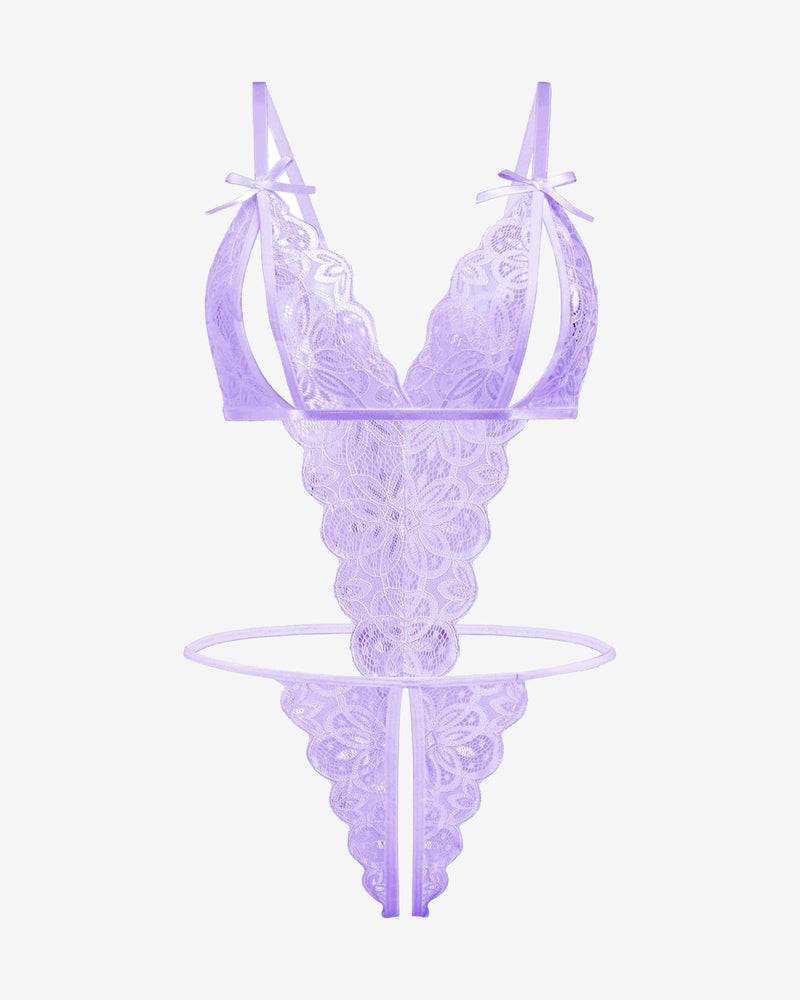 Lavender lace deep V bodysuit teddy with lace-up bow shoulder straps