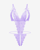 Lavender lace deep V bodysuit teddy with lace-up bow shoulder straps