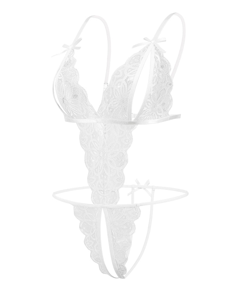White lace deep V bodysuit with open front detail and tie shoulder straps