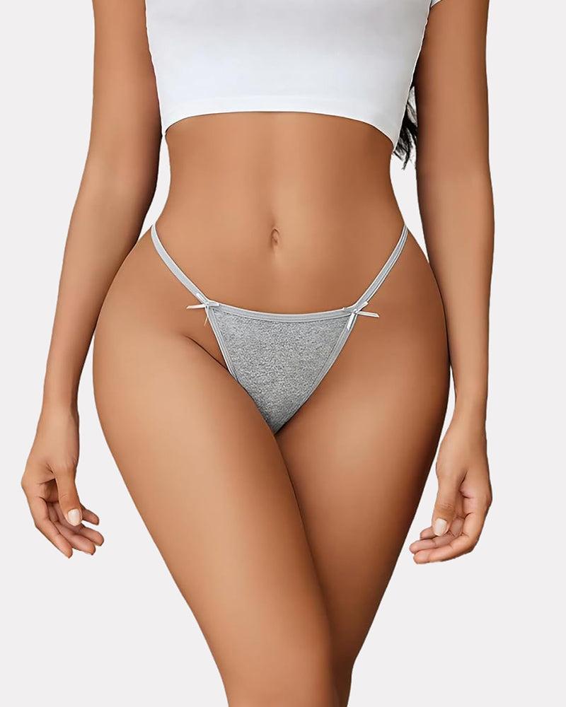 Gray g-string thong with thin front strap and bow-tie side details
