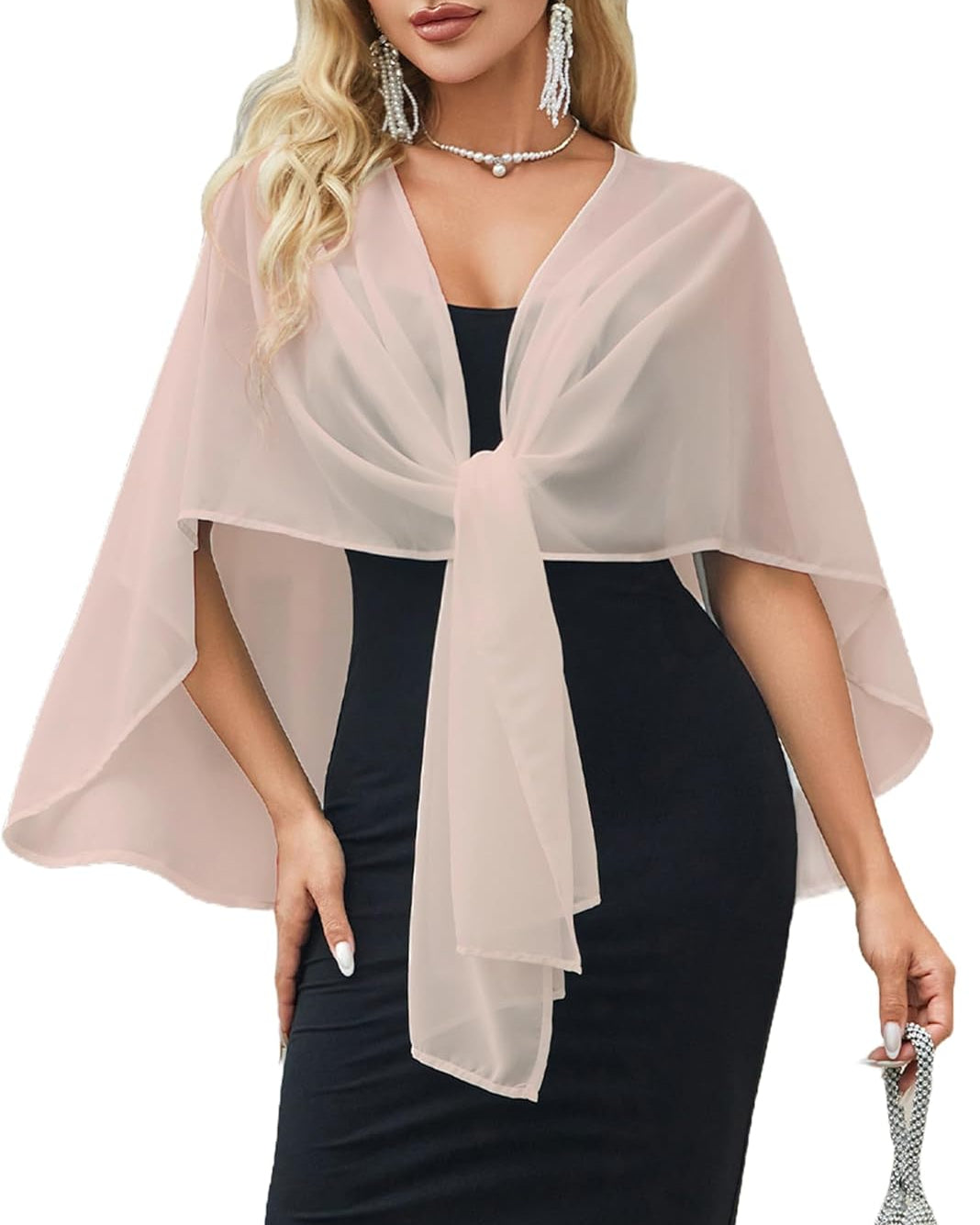 Sheer chiffon shawl wrap, light pink, tie-front with airy layered drape