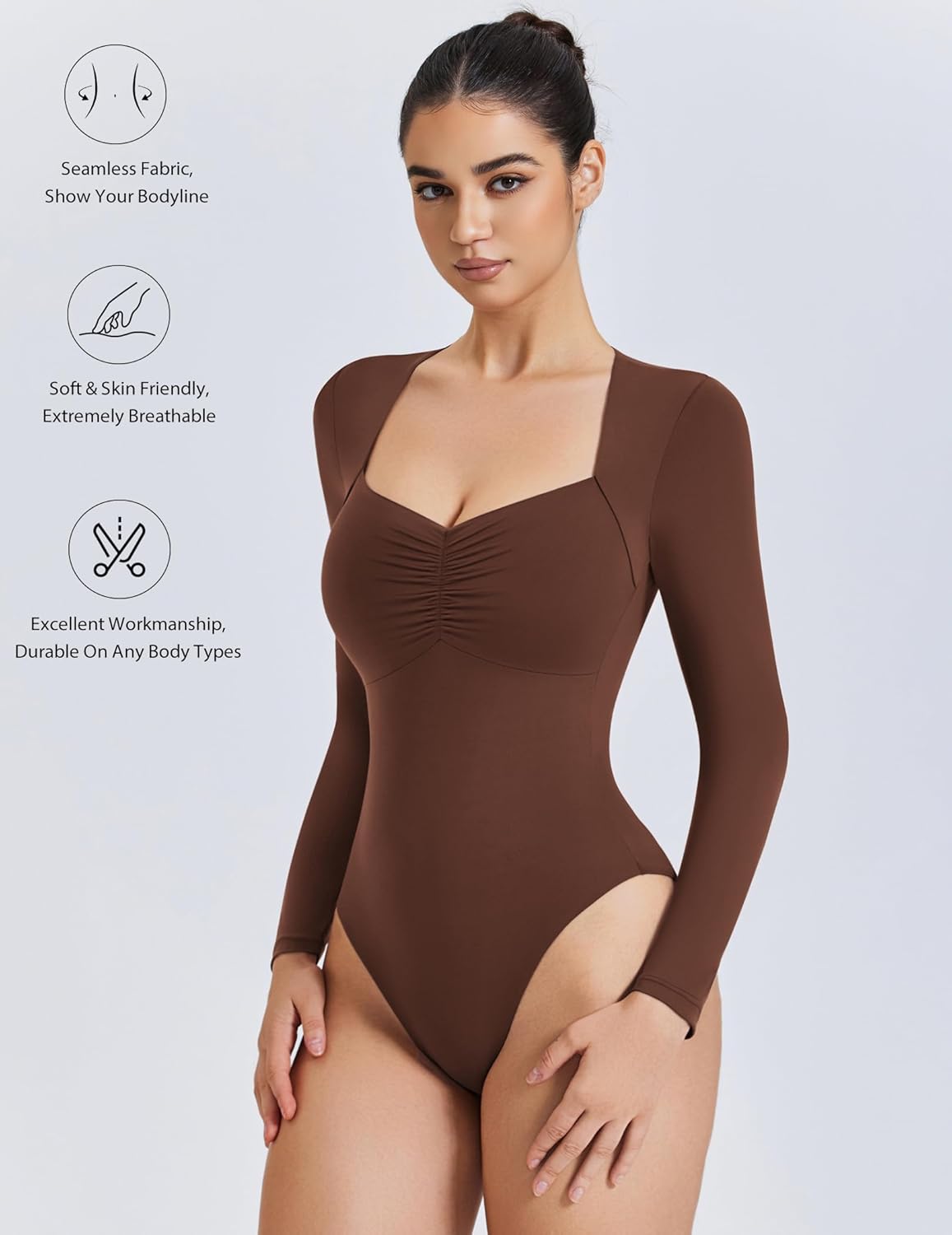 Sweetheart neckline bodysuit top, long-sleeve dark brown, ruched sweetheart neckline