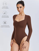 Sweetheart neckline bodysuit top, long-sleeve dark brown, ruched sweetheart neckline