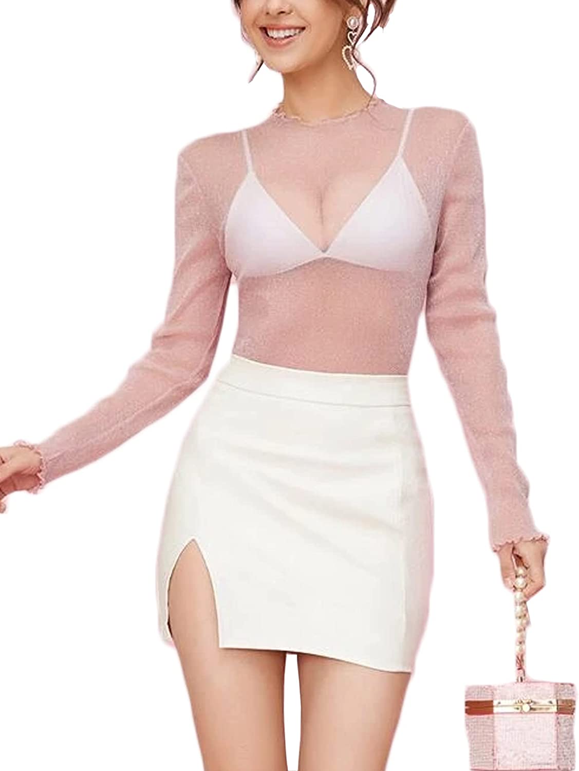Long-sleeve sheer mesh top in light pink, V neckline, scalloped trim at neck