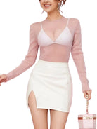 Long-sleeve sheer mesh top in light pink, V neckline, scalloped trim at neck