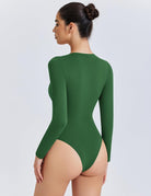Sweetheart neckline bodysuit top, long sleeves, ruched back, green.