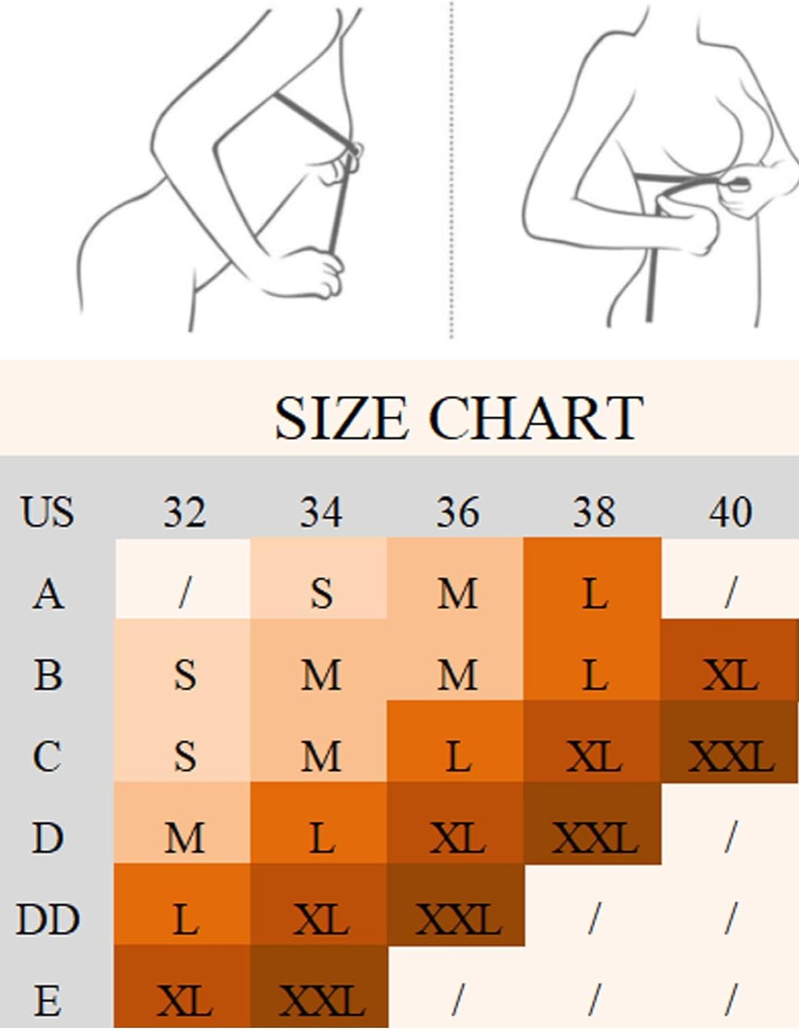 Size chart graphic with bra size ranges across cups A to E and bands 32 to 40