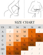 Size chart graphic with bra size ranges across cups A to E and bands 32 to 40