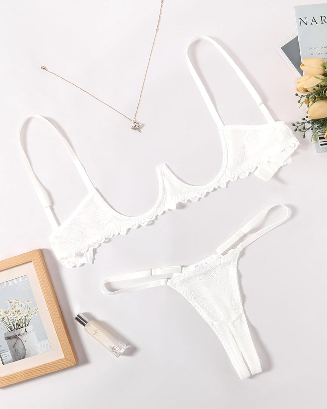 White lace underwire bra and matching panty set, scalloped trim and lace cups